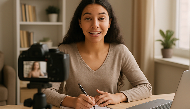 Teacher using AI video tools for teachers to create flipped classroom explainer videos with webcam recording